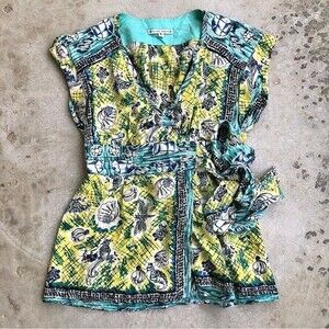 Nanette Lepore Silk Wrap Top Printed Coastal Beach Turquoise Yellow 4